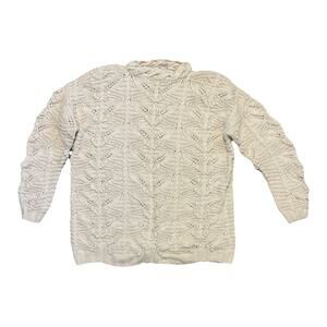 Vtg Express Tricot M Fisherman Sweater Aran Chunky Hand Knit Cream Grandma Core